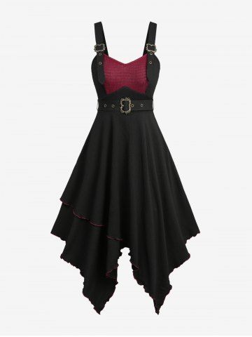 Textured Two Tone Handkerchief Dress with Removable Belt - BLACK - XXL