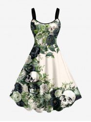 Skulls Rose Flower Leaf Print Hawaii A Line Dress -  M