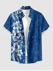 Tropical Leaf Hibiscus Flower Print Hawaii Button Pocket Shirt For Men - Bleu profond XL