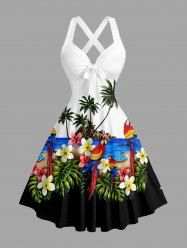 Parrot Coconut Tree Flowers Leaf Print Crisscross Straps Bowknot Hawaii Tank Dress - Blanc S