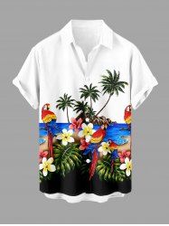 Parrot Coconut Tree Flowers Leaf Print Buttons Pocket Hawaii Shirt For Men - Blanc XL