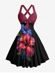 Hibiscus Flower Leaf Print Crisscross Straps Bowknot Hawaii Tank Dress -  