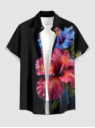 Hibiscus Flower Leaf Print Buttons Pocket Hawaii Shirt For Men - Rouge Vineux S