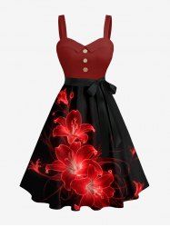 Robe trapèze à boutons imprimé fleur d'hibiscus ombre pailleté Hawaï avec ceinture amovible - Rouge 5X