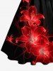 Robe trapèze à boutons imprimé fleur d'hibiscus ombre pailleté Hawaï avec ceinture amovible - Rouge 5X