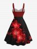 Robe trapèze à boutons imprimé fleur d'hibiscus ombre pailleté Hawaï avec ceinture amovible - Rouge 5X