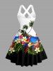 Parrot Coconut Tree Flowers Leaf Print Crisscross Straps Bowknot Hawaii Tank Dress - Blanc S