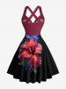 Hibiscus Flower Leaf Print Crisscross Straps Bowknot Hawaii Tank Dress -  