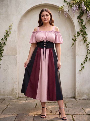 Plus Size Medieval Renaissance Cold Shoulder Ruched Ruffles Colorblock Lace Up Belted Vintage Corset A Line Dress - DEEP RED - 3X | US 22-24