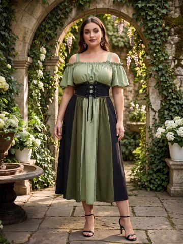 Plus Size Medieval Renaissance Cold Shoulder Ruched Ruffles Colorblock Lace Up Belted Vintage Corset A Line Dress - LIGHT GREEN - 4X | US 26-28