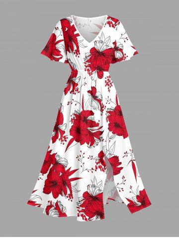 Plus Size Hibiscus Flower Leaf Print Split Hawaii Midi Dress - RED - XXS