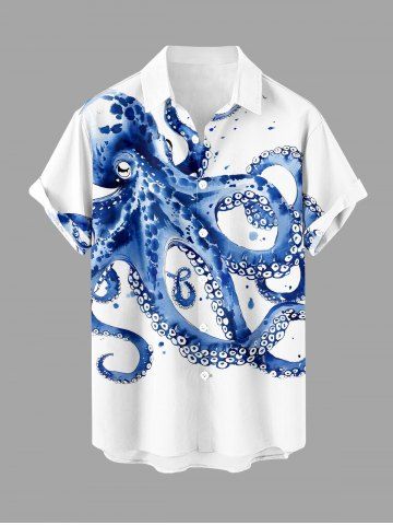 Plus Size Octopus Print Buttons Pocket Hawaii Shirt For Men - BLUE - S