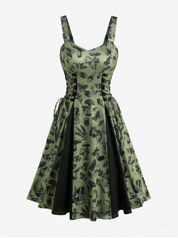 Skulls Butterfly Mushroom Print Lace Up Patchwork A Line Dress - OLIVE GREEN - M