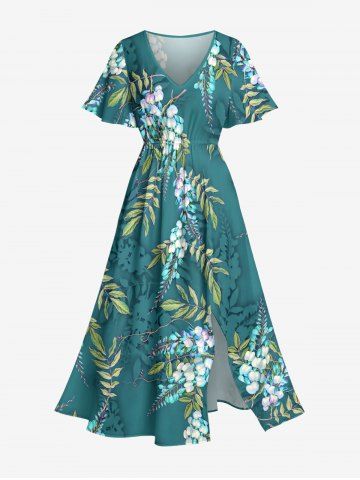 Robe midi trapèze à imprimé hawaïen fleurs et feuilles, avec poches et fente - DARK TURQUOISE - 6X