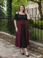 Robe vintage grande taille style Renaissance médiévale à épaules dénudées, fronces et volants, laçage coloré et ceinture corset trapèze - Rouge Vineux 4X | US 26-28