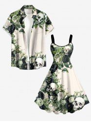 Skulls Rose Flower Leaf Print Matching Hawaii Beach Outfit For Couples -  