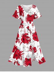 Hibiscus Flower Leaf Print Split Hawaii Midi Dress - Rouge 3X