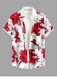 Plus Size Hibiscus Flower Leaf Print Buttons Pocket Hawaii Shirt For Men - Rouge 3XL