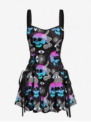 Ombre Skulls Galaxy Eye Print Hawaii Lace Up A Line Dress - Noir XS