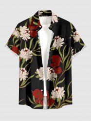 Plus Size Flower Tropical Leaf Branch Print Hawaii Button Pocket Shirt For Men -  