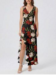 Flower Tropical Leaf Branch Print Hawaii Ruffles Split Dress -  