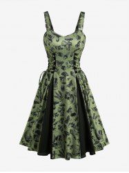 Robe trapèze à imprimé crânes, papillons et champignons, à lacets et patchwork - Olive Verte S