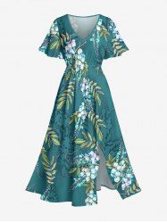 Flower Leaf Branch Print Hawaii Split Pocket A Line Midi Dress -  
