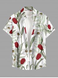 Tulip Flower Leaf Branch Print Hawaii Button Pocket Shirt For Men - Vert clair 6XL