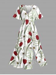 Robe midi trapèze à imprimé hawaïen de fleurs de tulipe, feuilles et branches, avec fente et poches - Vert clair XS