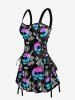 Ombre Skulls Galaxy Eye Print Hawaii Lace Up A Line Dress - Noir XS