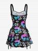 Ombre Skulls Galaxy Eye Print Hawaii Lace Up A Line Dress - Noir XS