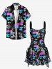 Ombre Skulls Galaxy Eye Print Hawaii Lace Up A Line Dress - Noir XS