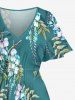 Flower Leaf Branch Print Hawaii Split Pocket A Line Midi Dress -  