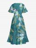 Flower Leaf Branch Print Hawaii Split Pocket A Line Midi Dress -  