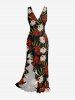 Flower Tropical Leaf Branch Print Hawaii Ruffles Split Dress -  