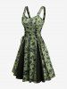 Robe trapèze à imprimé crânes, papillons et champignons, à lacets et patchwork - Olive Verte S