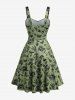 Robe trapèze à motif crânes, papillons et champignons, avec laçage et patchwork - Olive Verte XL