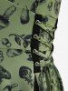 Skulls Butterfly Mushroom Print Lace Up Patchwork A Line Dress -  