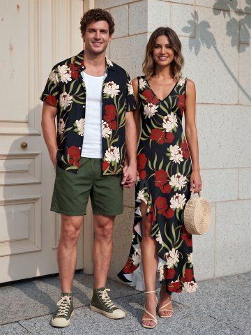 Flower Tropical Leaf Branch Print Matching Hawaii Beach Outfit For Couples