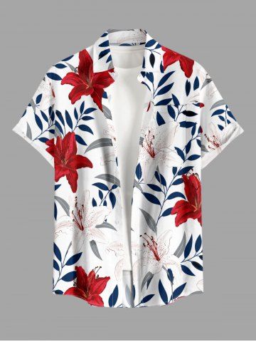 Plus Size Lily Flowers Leaf Print Buttons Pocket Hawaii Shirt For Men - RED - 4XL