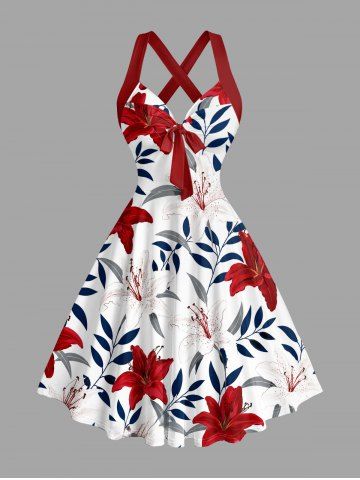 Lily Flowers Leaf Print Crisscross Straps Bowknot Hawaii Tank Dress - RED - XS
