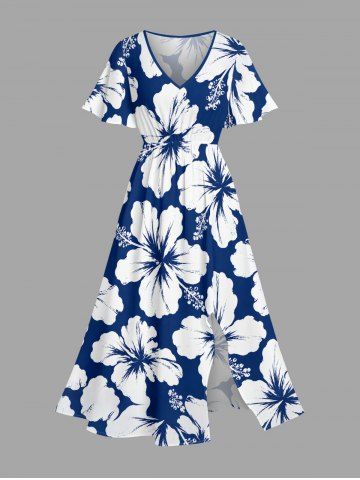 Plus Size Hibiscus Flower Print Split Hawaii Midi Dress - BLUE - XXS