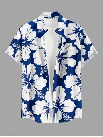 Plus Size Hibiscus Flower Print Buttons Pocket Hawaii Shirt For Men - BLUE - M