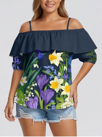 Flower Leaf Plant Print Hawaii Ruffles Cold Shoulder Blouse - MIDNIGHT BLUE - XL