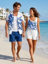 Matching Hawaii Shirt and Romper Beach Outfit Octopus Print for Couples -  