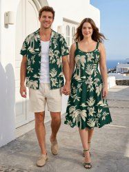 Coconut Tree Flower Leaf Sun Print Plus Size Matching Hawaii Beach Outfit For Couples - Vert profond 