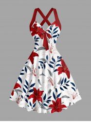 Lily Flowers Leaf Print Crisscross Straps Bowknot Hawaii Tank Dress - Rouge M