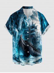 Ship Sea Waves Cruise Print Buttons Pocket Hawaii Shirt For Men - Paon Bleu M