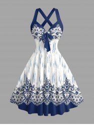Flower Pattern Ethnic Print Hawaii Halter Crisscross Strappy A Line Dress - Cadetblue M
