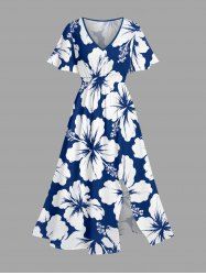 Hibiscus Flower Print Split Hawaii Midi Dress - Bleu 6X